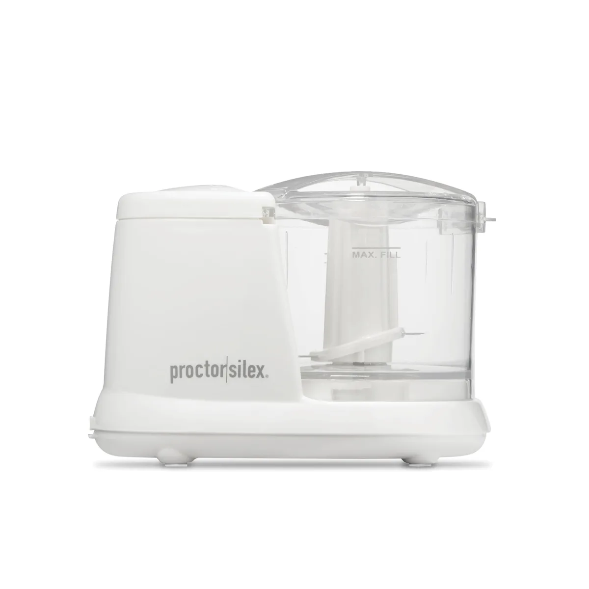 White compact mini food processor, 1.5 cup bowl, stainless blades, pulse button