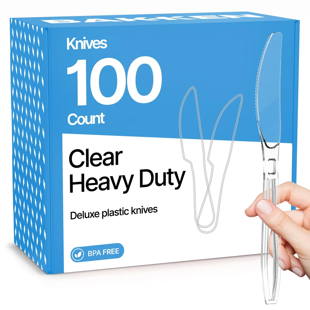 Clear plastic box holding one hundred black disposable knives