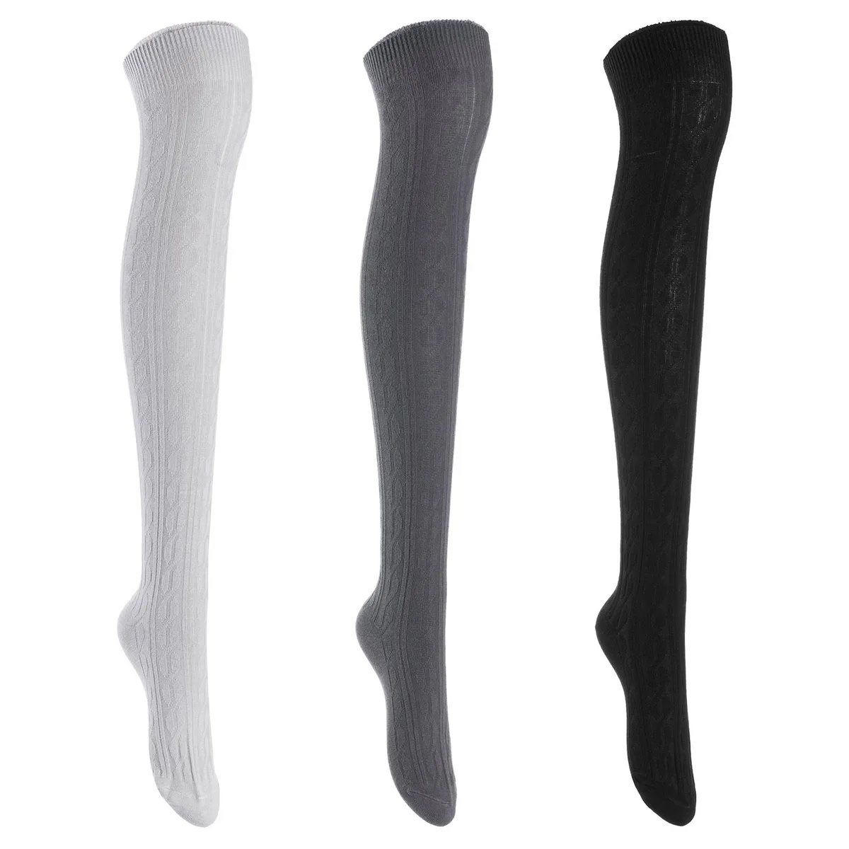 Three pairs of thigh-high cotton socks folded together, model L1024