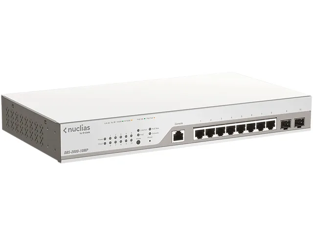 D-Link DBS-2000-10MP 10-port network switch in black metal enclosure