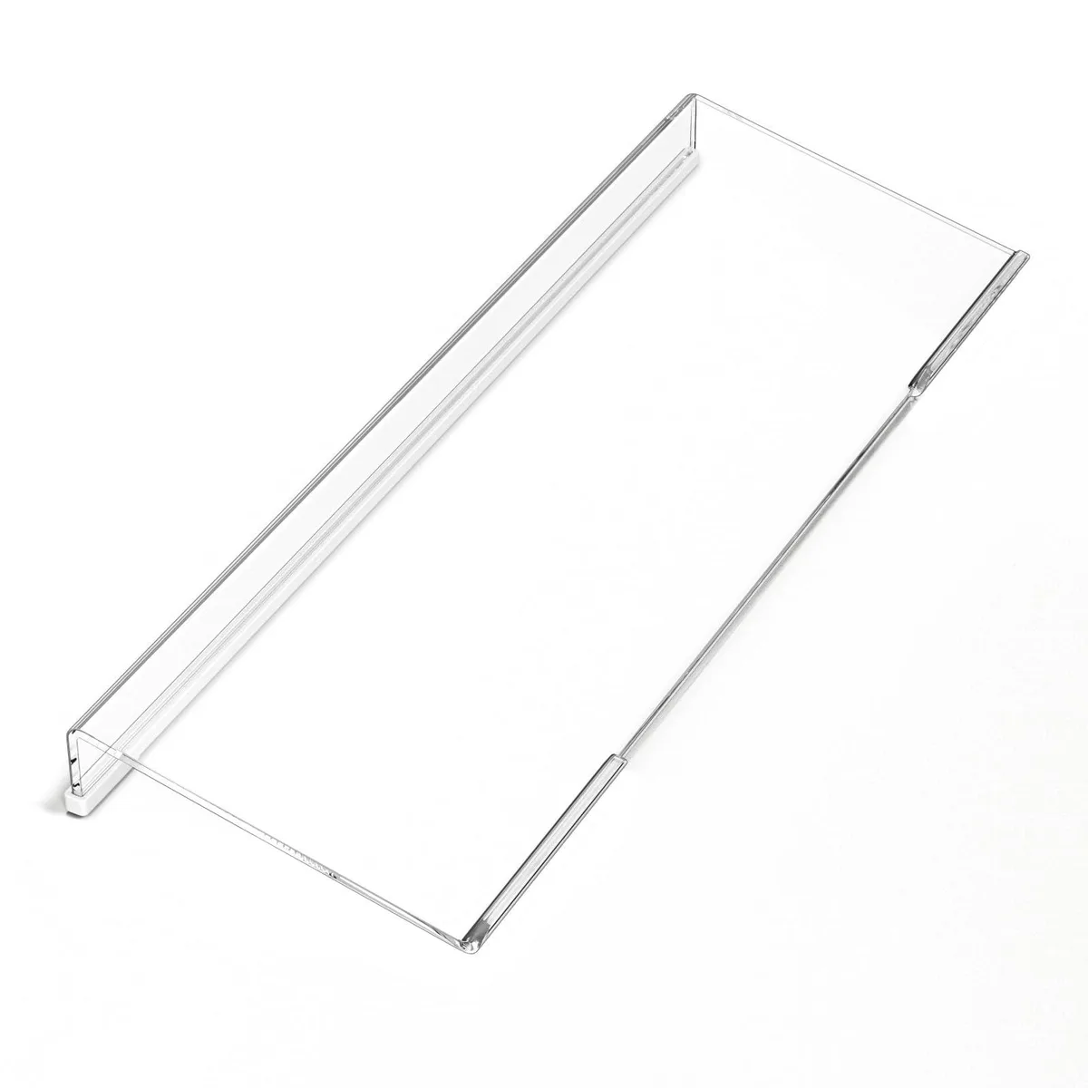 Clear acrylic keyboard stand with white anti-slip strip, low front lip, 17 by 5.7 by 1.2 inches