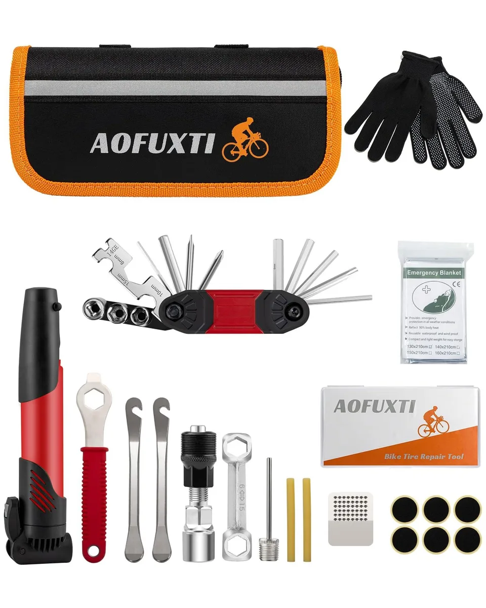 Black polyester bag containing 16-in-1 multi-tool and 120psi pump