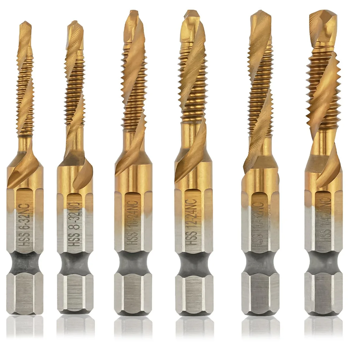 Six gold titanium-coated hex-shank drill-tap bits in a row