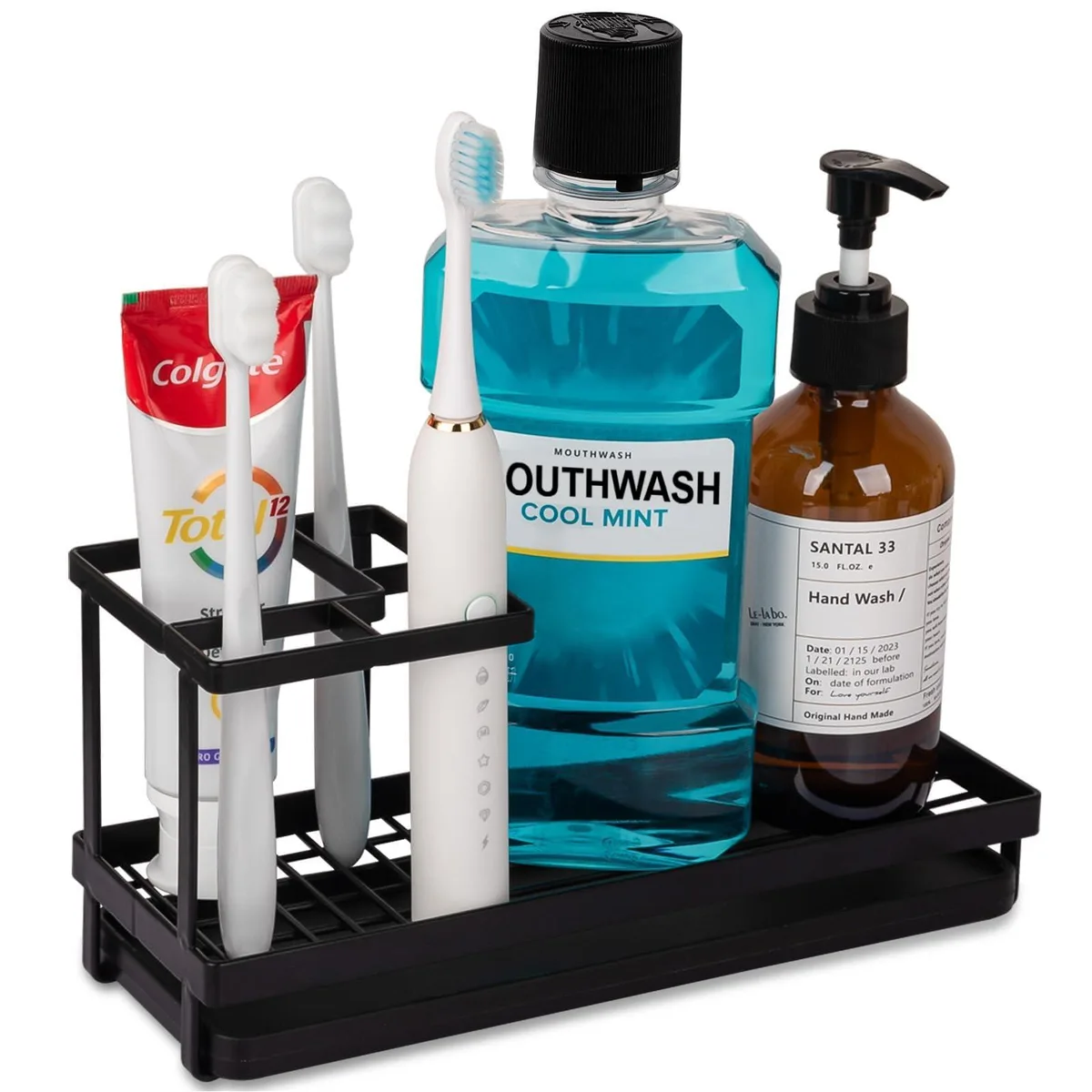 Matte black carbon steel bathroom organiser with multiple compartments and removable drip tray