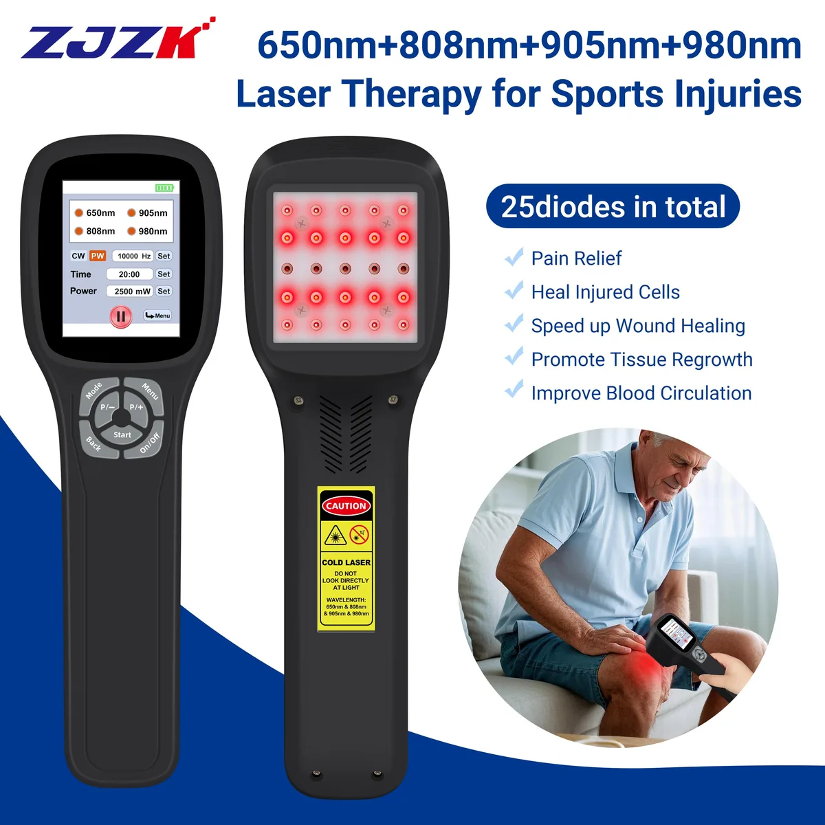 ZJZK ZJZK PMW2500 Cold Laser Therapy Device 25 Diodes 650nm 808nm 905nm 980nm 2.8" Touch Home Health Care — product photo