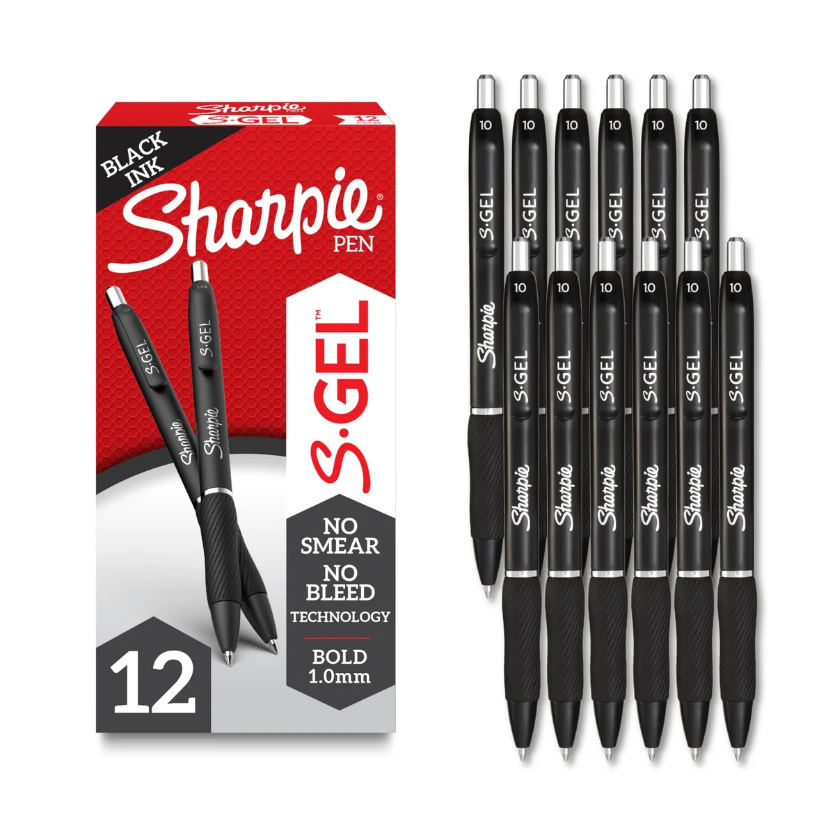 Twelve black retractable gel pens with rubber grips
