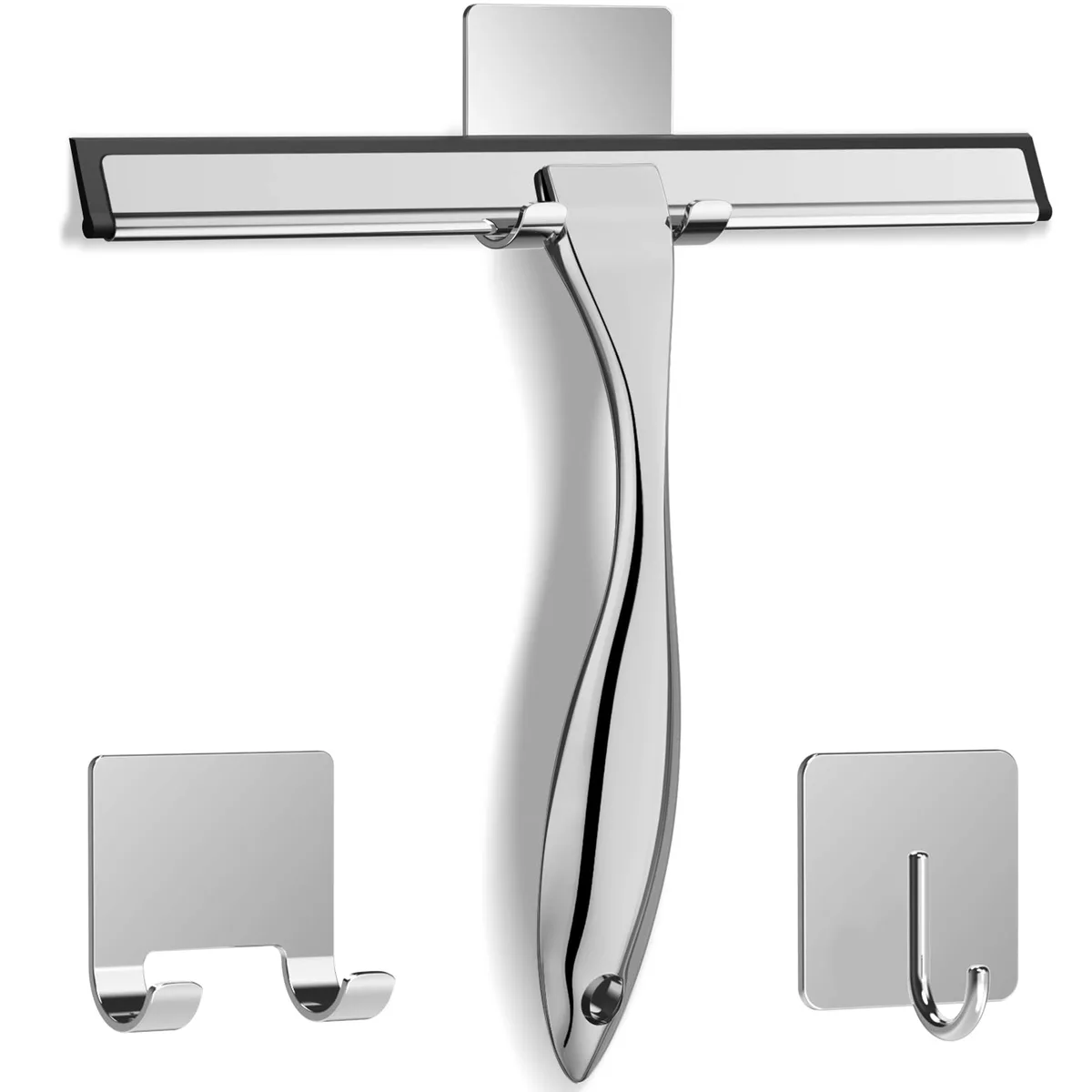 10-inch stainless steel shower squeegee with silicone blade and two adhesive hooks