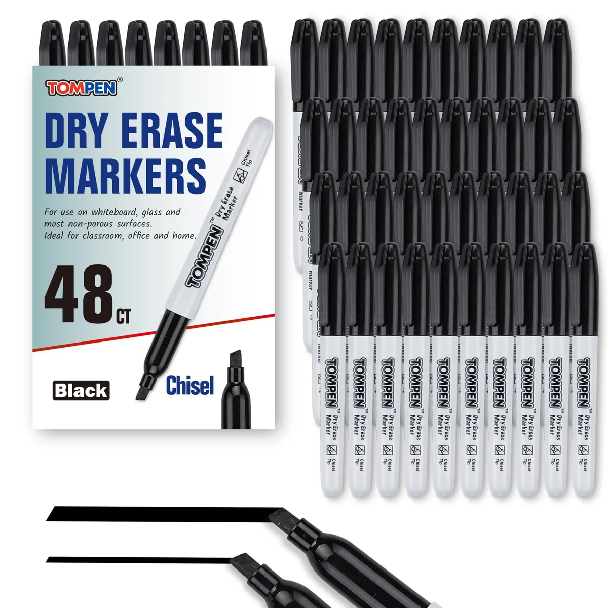  TOMPEN Dry Erase Markers Chisel Tip Black 48 Count — product photo