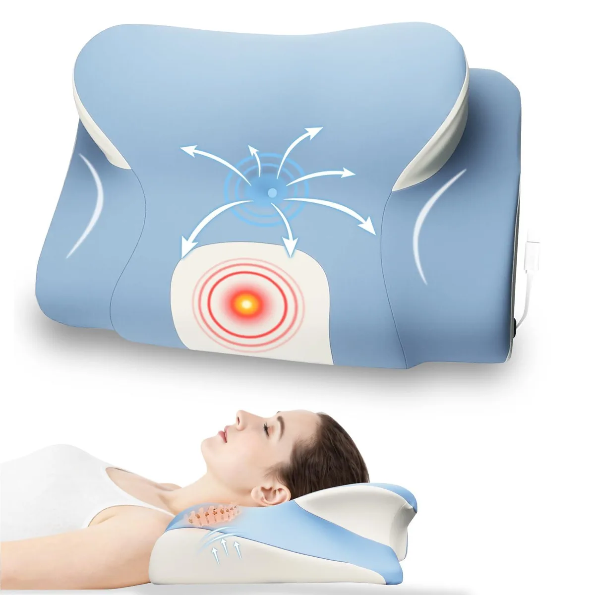 Pink heated cervical pillow, memory foam, cotton cover, ergonomic contour shape