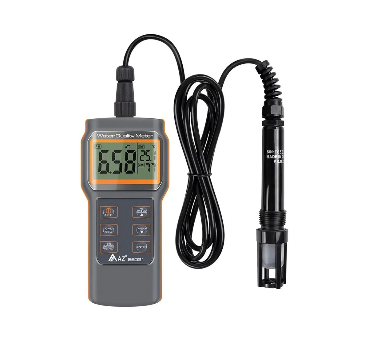 Handheld water tester with large LCD screen and dissolved oxygen probe attached