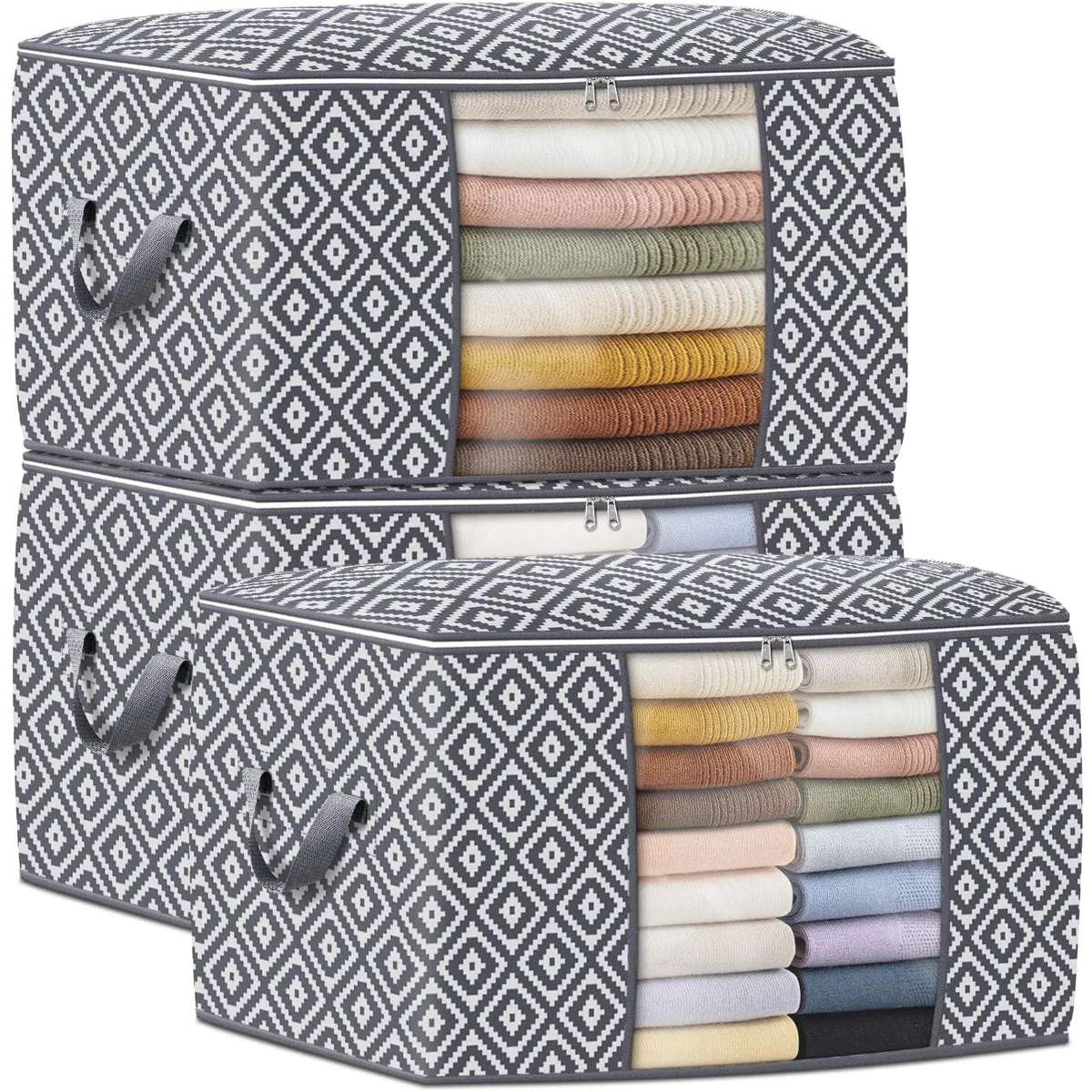 Three gray fabric storage bags with clear windows and reinforced handles, folded flat