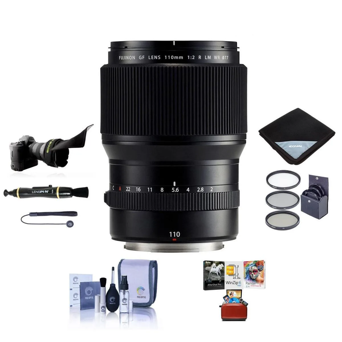 FUJIFILM FUJIFILM GF 110mm f/2 R LM WR Lens Bundle with ProOptic 77mm Filter Kit and Mac Software Kit — product photo