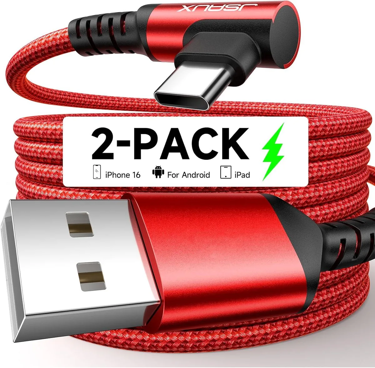 Kootion Kootion USB C Cable 2-Pack 6.6ft 3.1A Right Angle Red — product photo