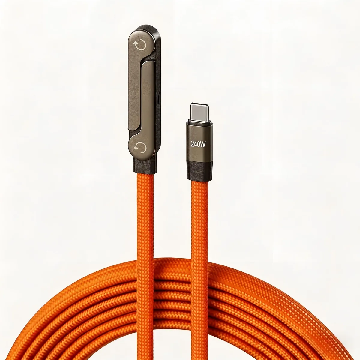 Black braided USB-C cable with right-angle connector and foldable stand attached