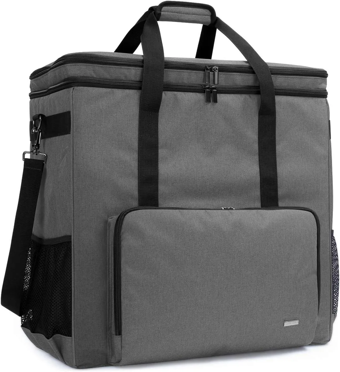 Black double-layer desktop tower backpack with padded interior and multiple accessory pockets