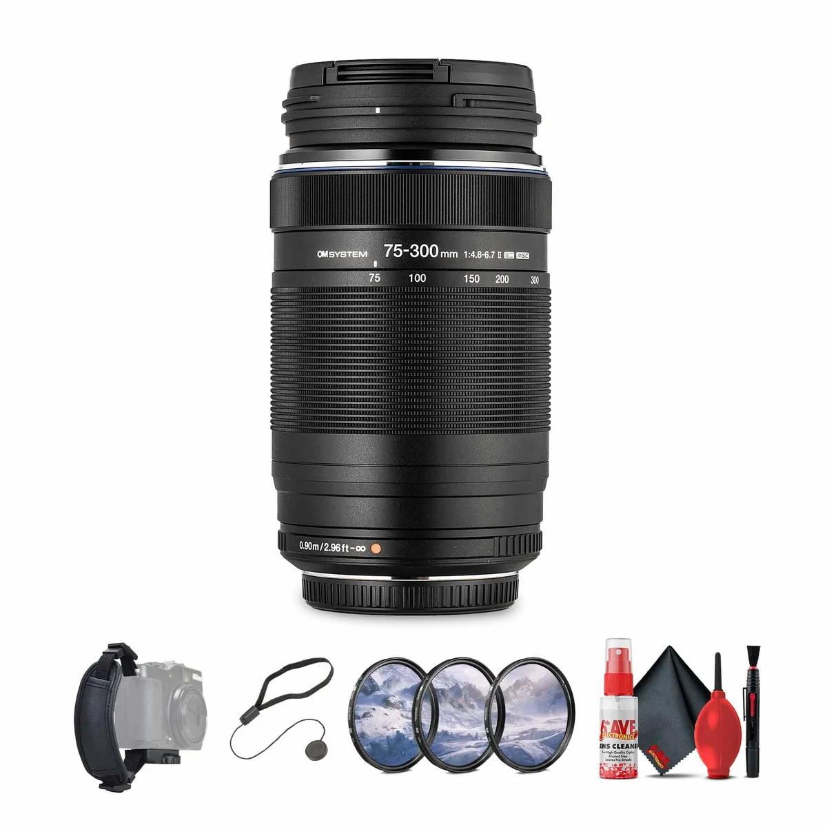 OM System OM System M.Zuiko Digital ED 75-300mm F4.8-6.7 II Black Bundle camera lens — product photo