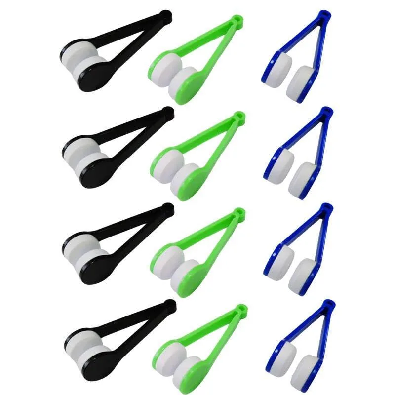 Twelve mini microfiber cloth cleaners with brush in three colours, compact clip-on design