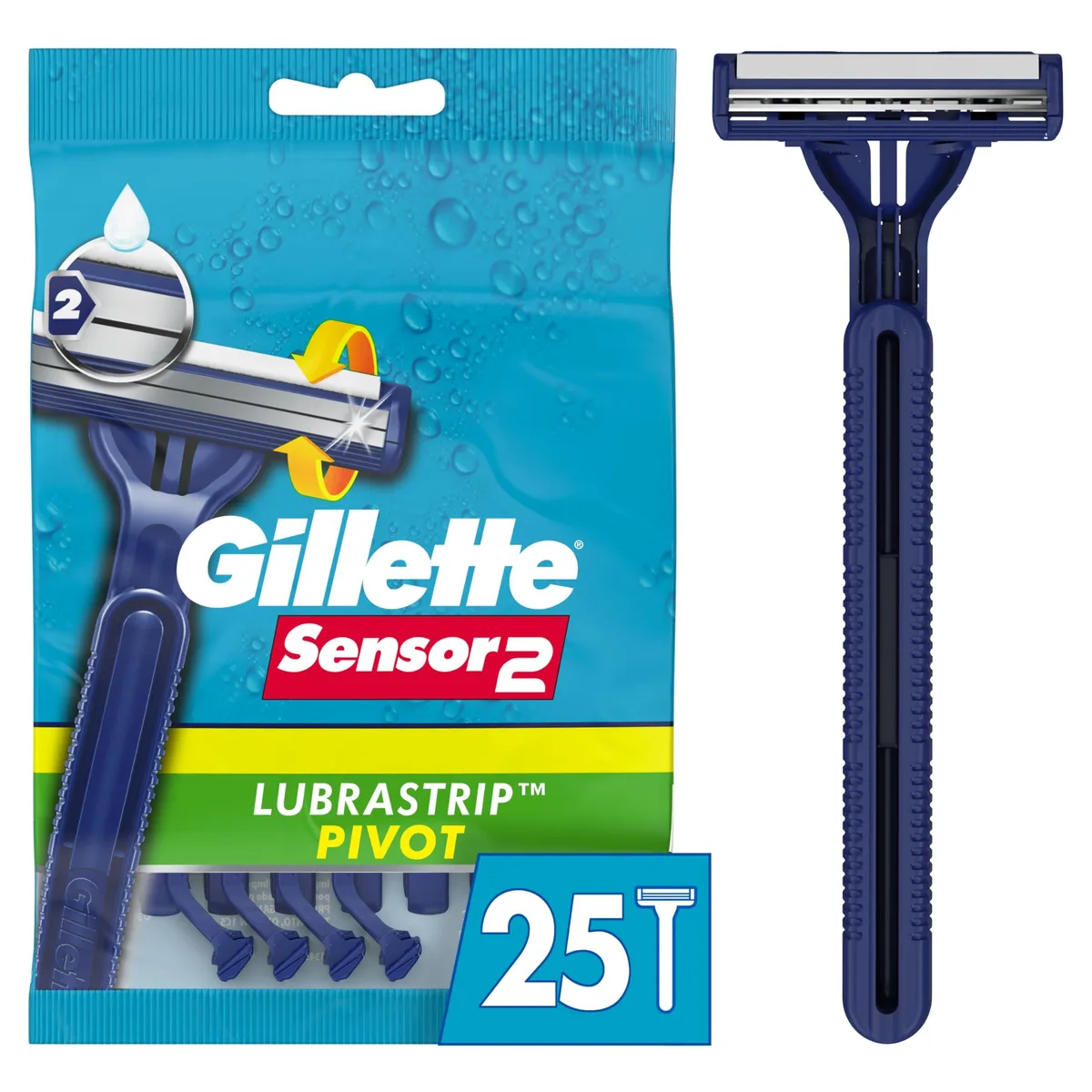 Pack of 25 blue disposable razors with pivoting heads