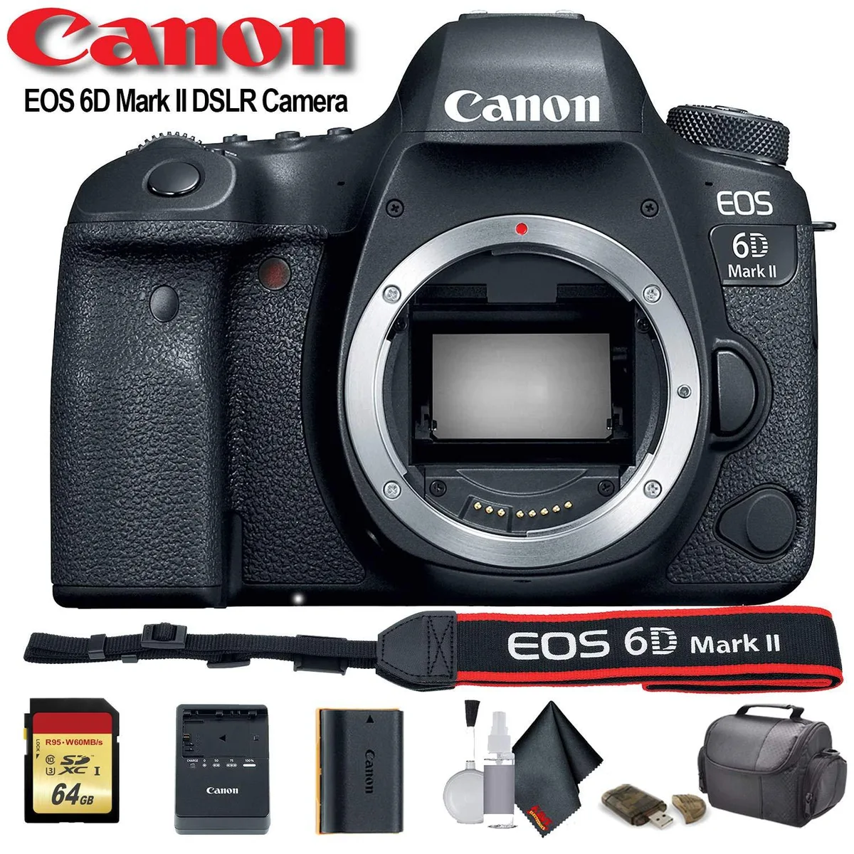 Black full-frame DSLR body with vari-angle touchscreen, plus 64 GB SD card, padded case, USB reader, cleaning kit and microfiber cloth