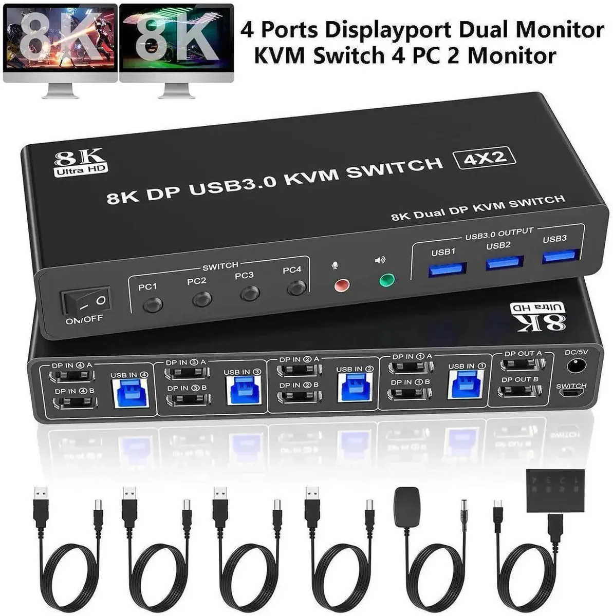 Vszerda Vszerda 4-Port DP 1.4 Dual Monitor KVM Switch 8K@60Hz 4K@144Hz USB 3.0 Audio — product photo