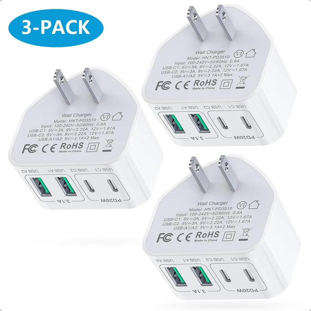 Hitoor Hitoor 40W 4-Port USB-C Wall Charger 3-Pack White — product photo