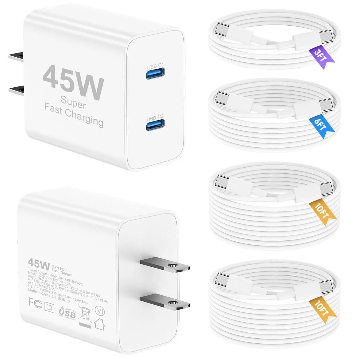 Cellet XHD-PD45W-2C 45W dual USB-C charger 2-pack with four cables 3 6 10 10ft — product photo