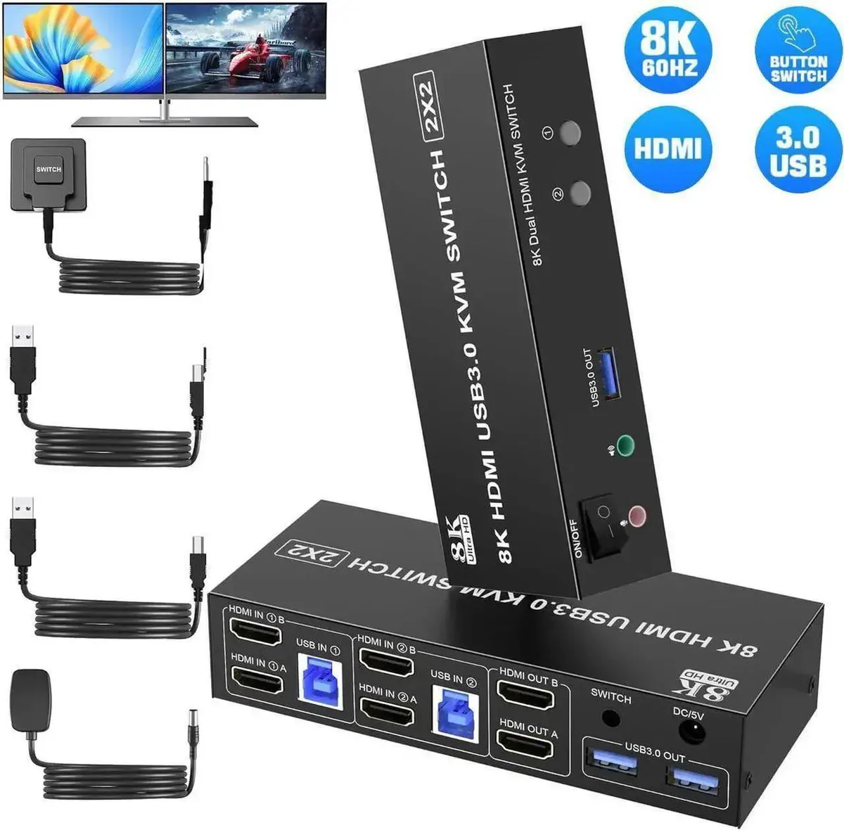 Vszerda Vszerda 8K@60Hz Dual Monitor KVM Switch 2-Port 3 USB 3.0 — product photo