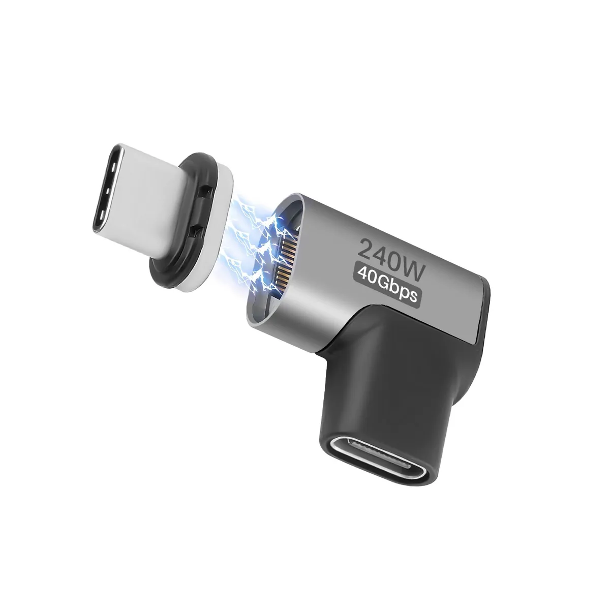Right-angle USB-C magnetic adapter with 90-degree male-to-female connector, aluminium finish, LED indicator