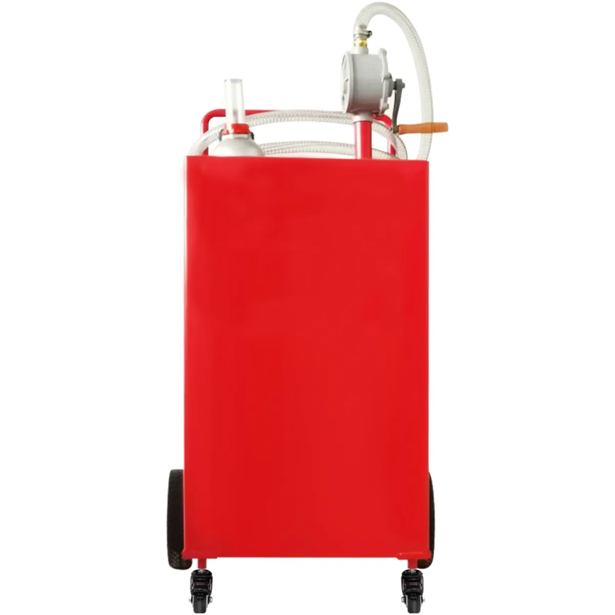 Red 30-gallon fuel caddy on four wheels with manual rotary pump and hose