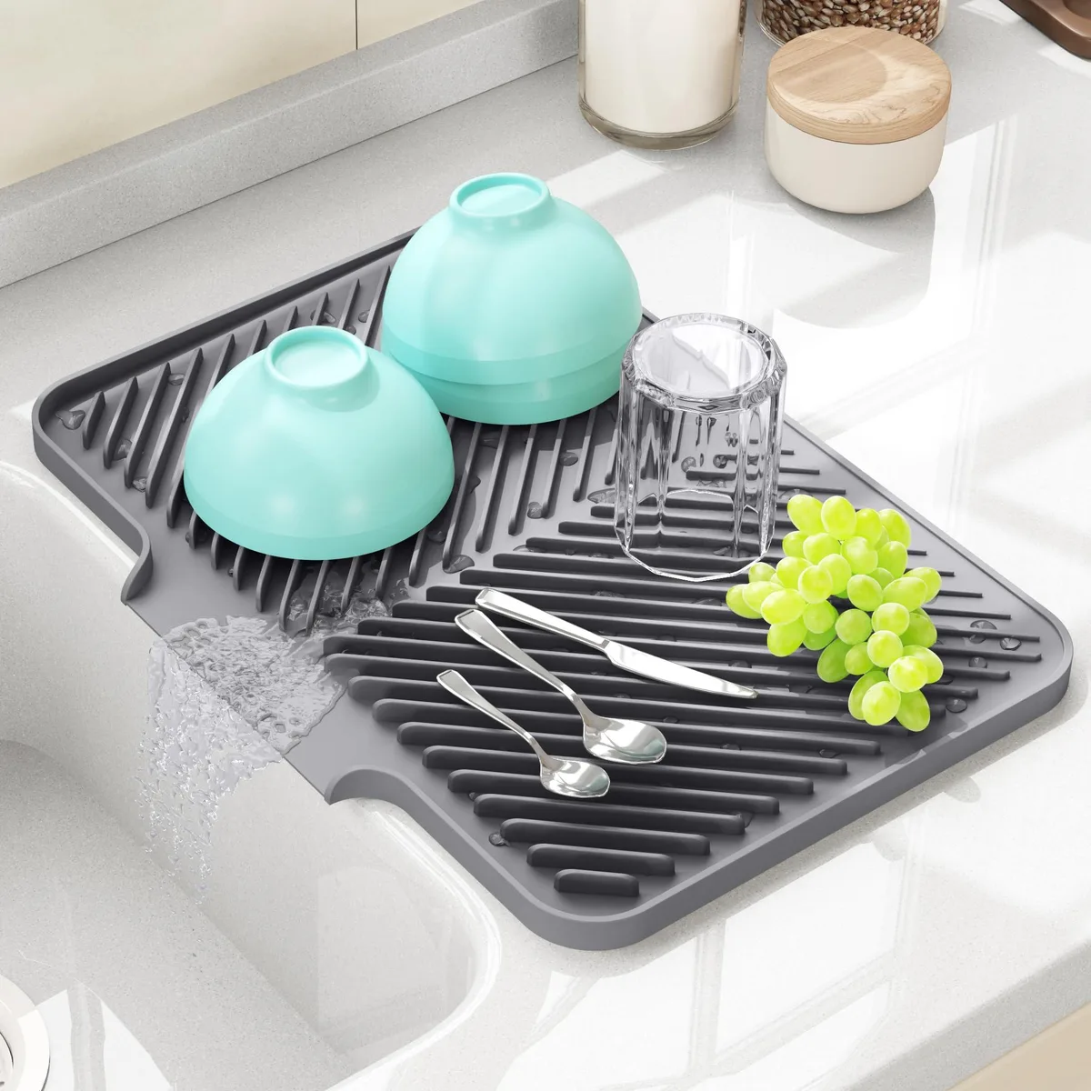 Rectangular light-grey silicone mat with raised drainage grooves, 15.8 by 13 inches
