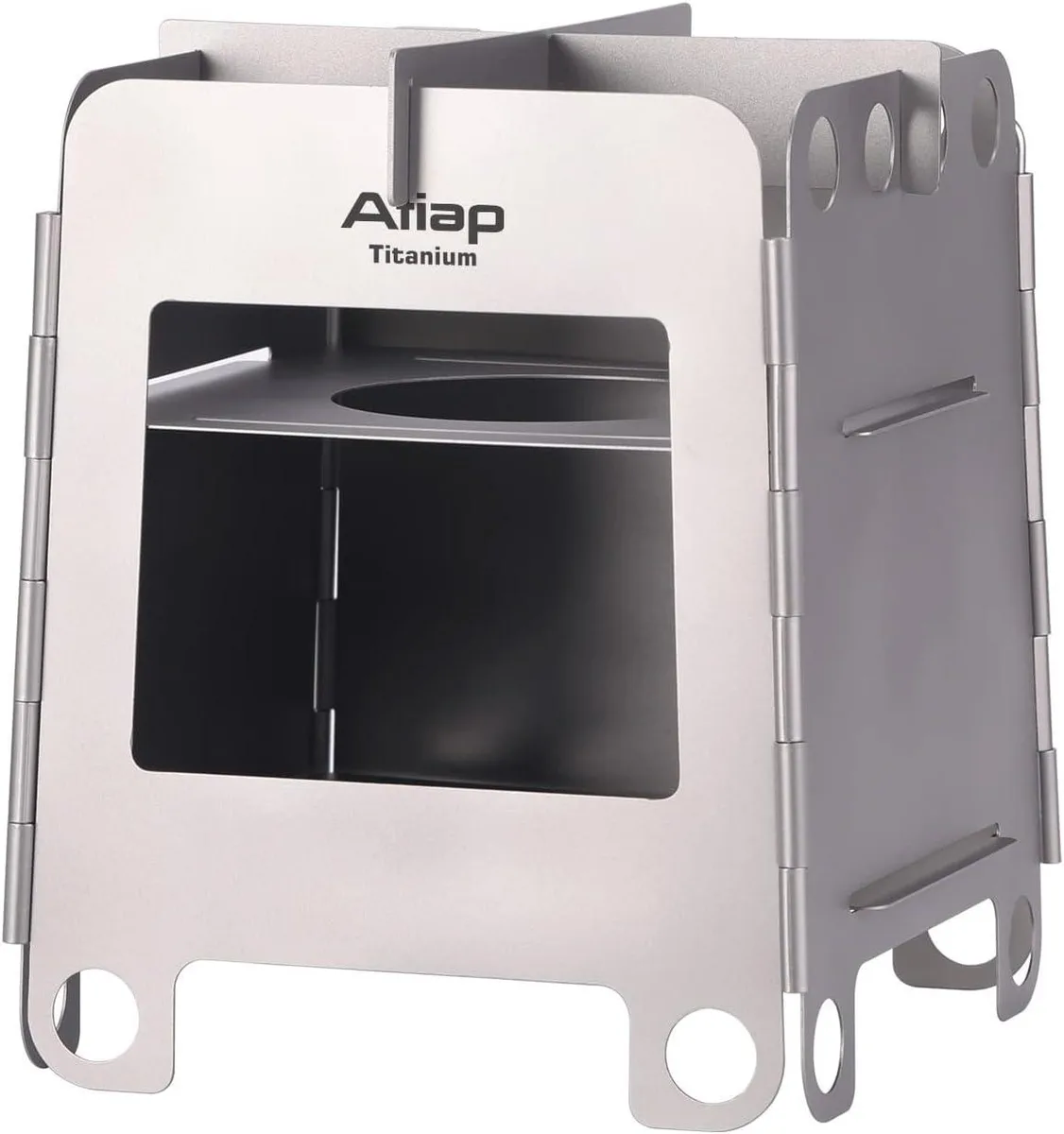 Titanium foldable wood stove, compact cube with vented sides and top opening