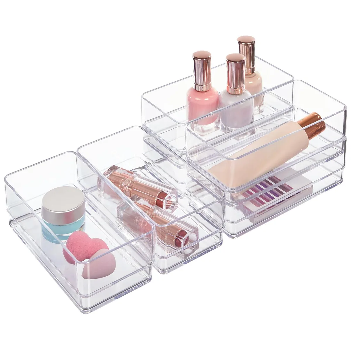 Six clear rectangular plastic drawer trays stacked together
