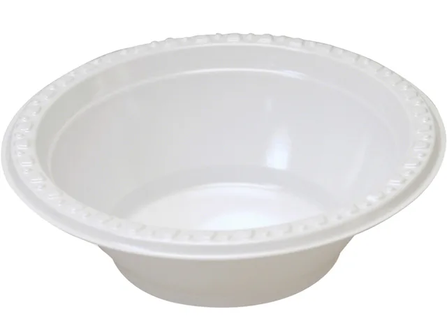 White disposable plastic bowls in bulk pack