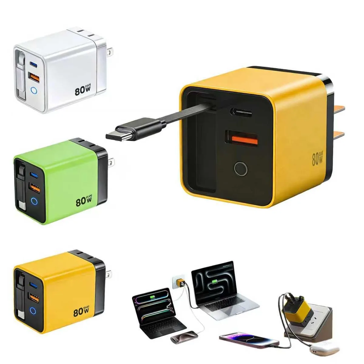 Yellow rectangular wall charger with retractable USB-C cable extended