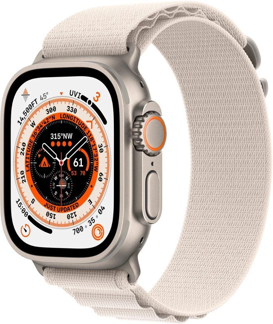 Apple Apple Watch Ultra (GPS + LTE) 49mm Titanium Case Starlight Alpine Loop - Large smart watch — product photo