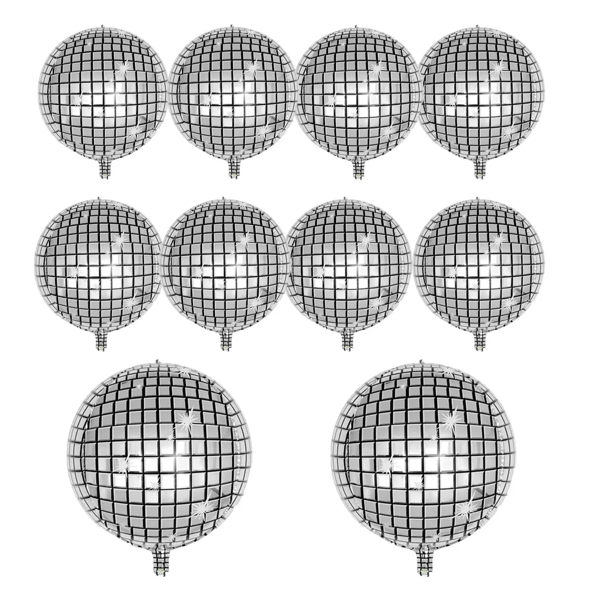 Pack of ten silver foil disco balloons, 10in and 18in rounds, shiny mirror finish