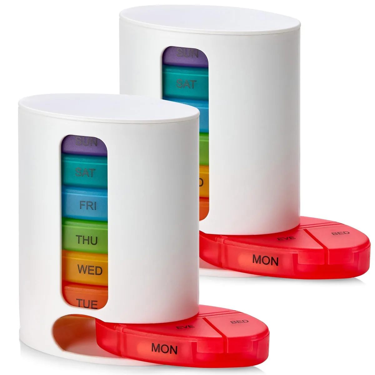 Two white stackable pill organizers, each with seven daily trays divided into four labeled compartments