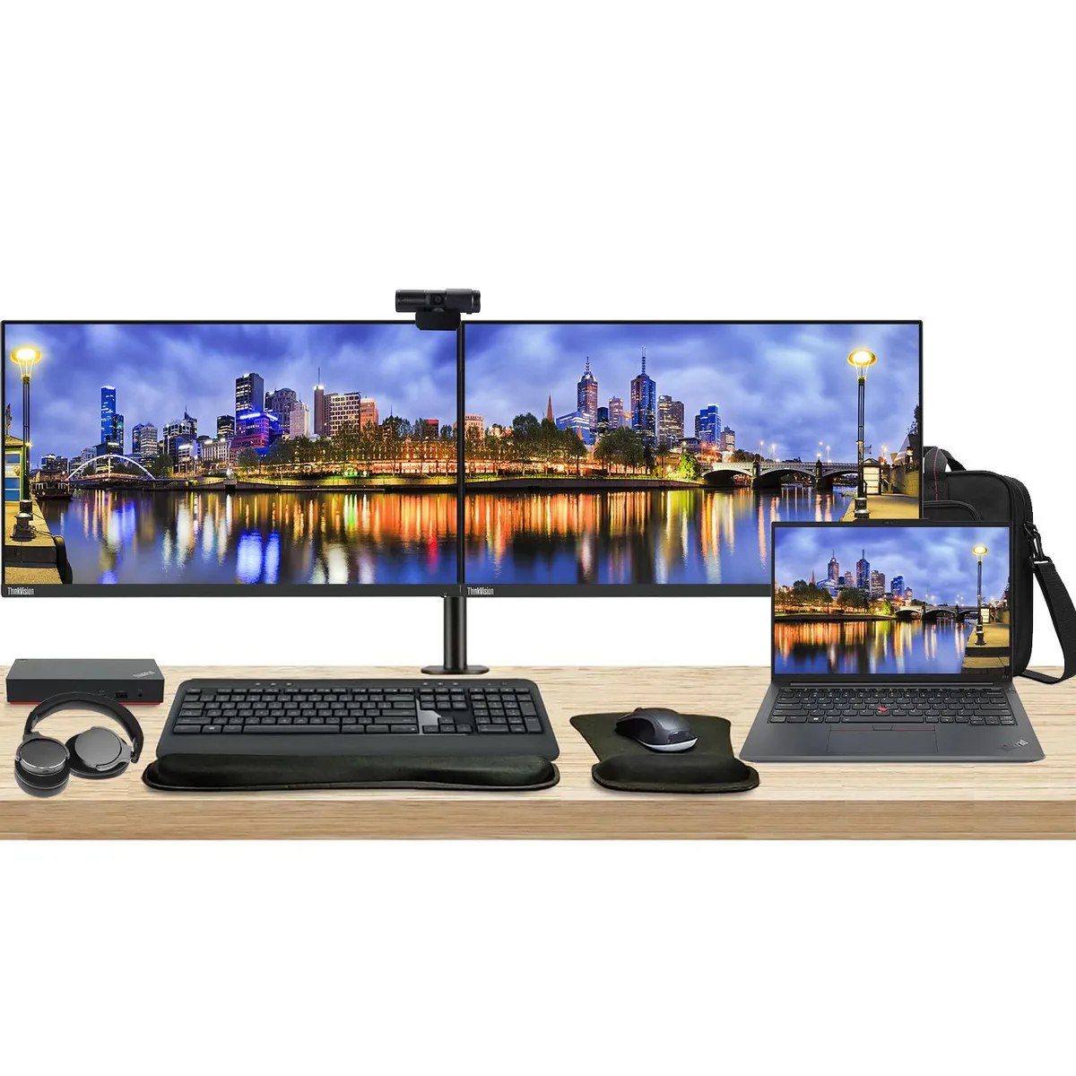 Lenovo Lenovo ThinkPad E14 Gen 5 laptop Ryzen 5 16GB 256GB bundle dual 27" monitors dock accessories — product photo