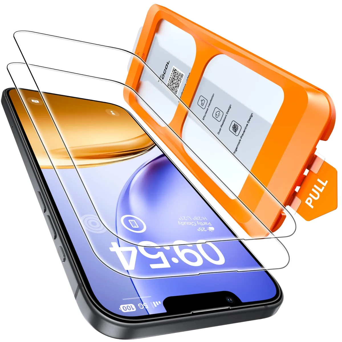 Two clear tempered-glass screen protectors with installation tools for iPhone 17e