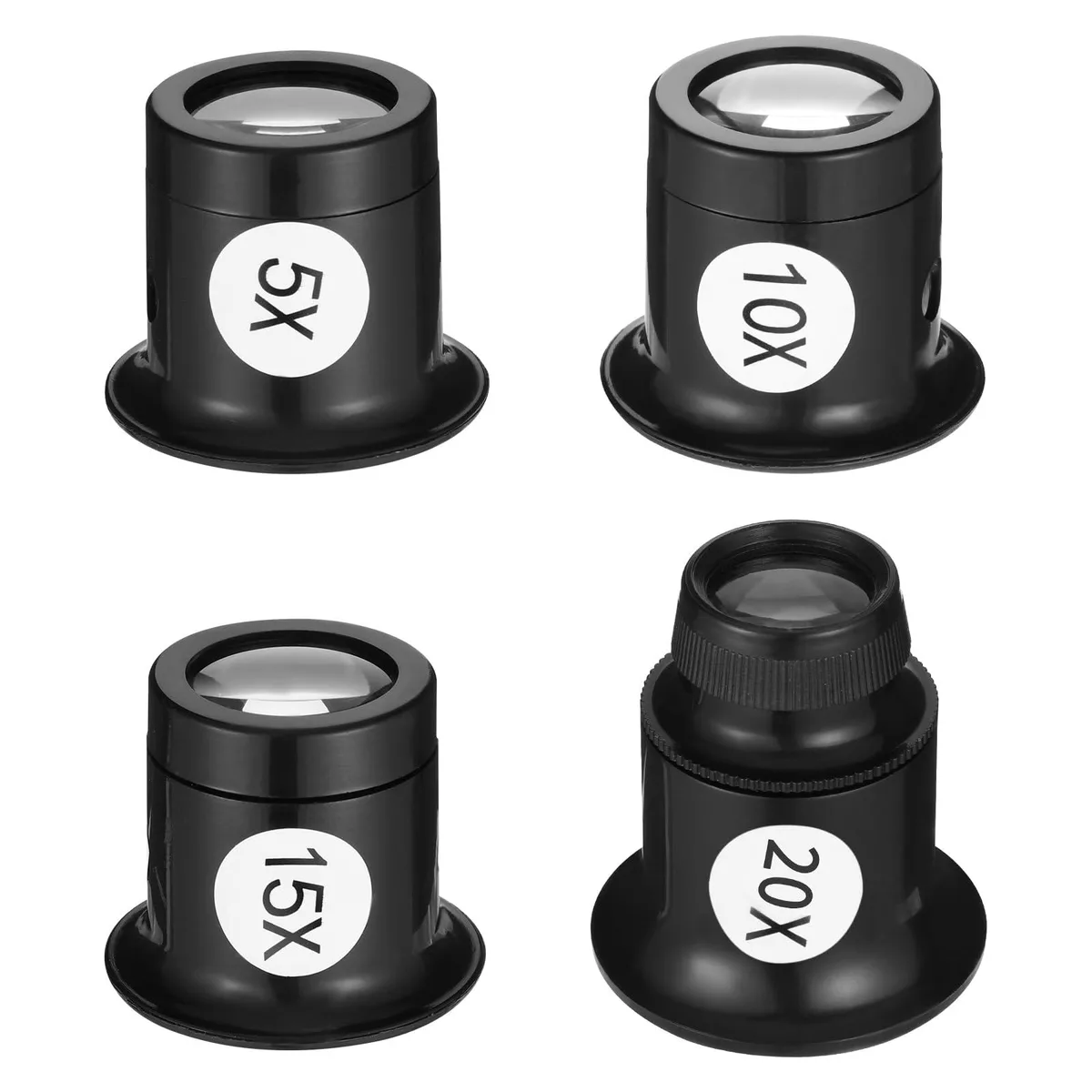 White plastic case containing four round magnifiers with glass lenses