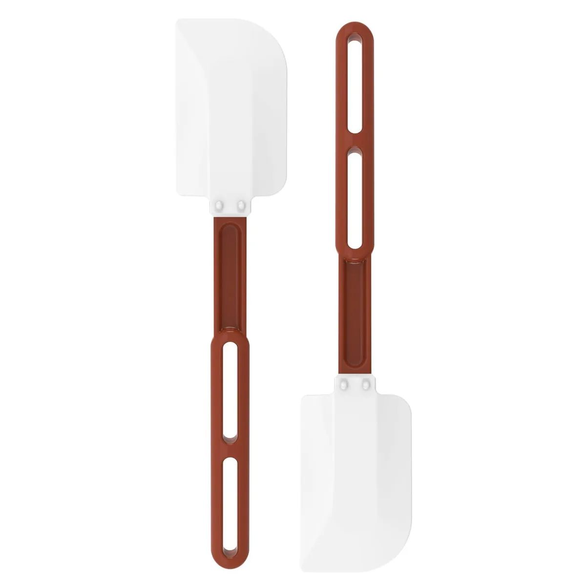 Two red silicone spatulas 13.5 inches long with rectangular blades and long handles