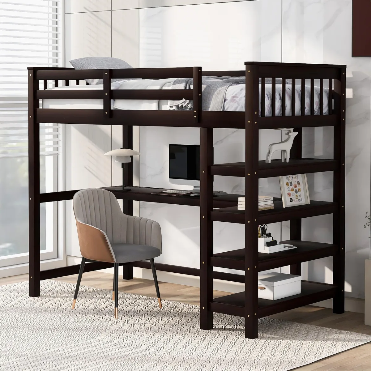 Twin loft bed in espresso pine with built-in desk and shelves