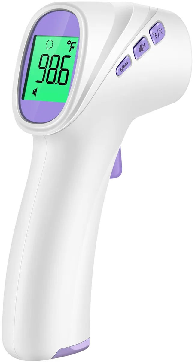 Purple handheld no-touch thermometer with LCD screen