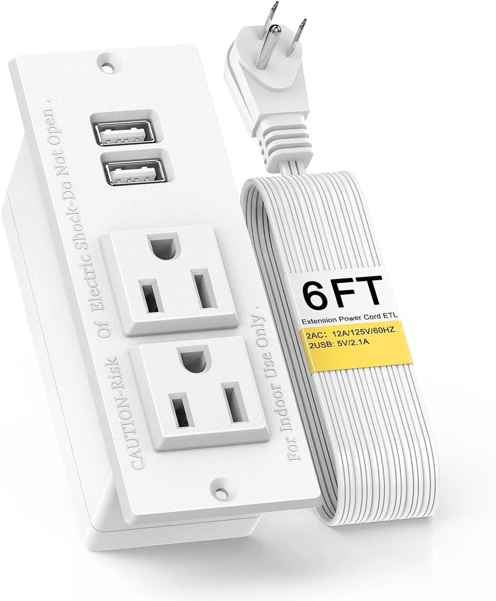 White recessed power strip with two sockets and two USB ports, flush-mount design, 10ft cord
