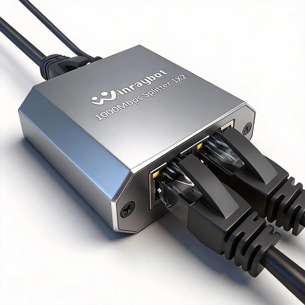Gray aluminum RJ45 Ethernet splitter with six LED indicators and USB-C power cable