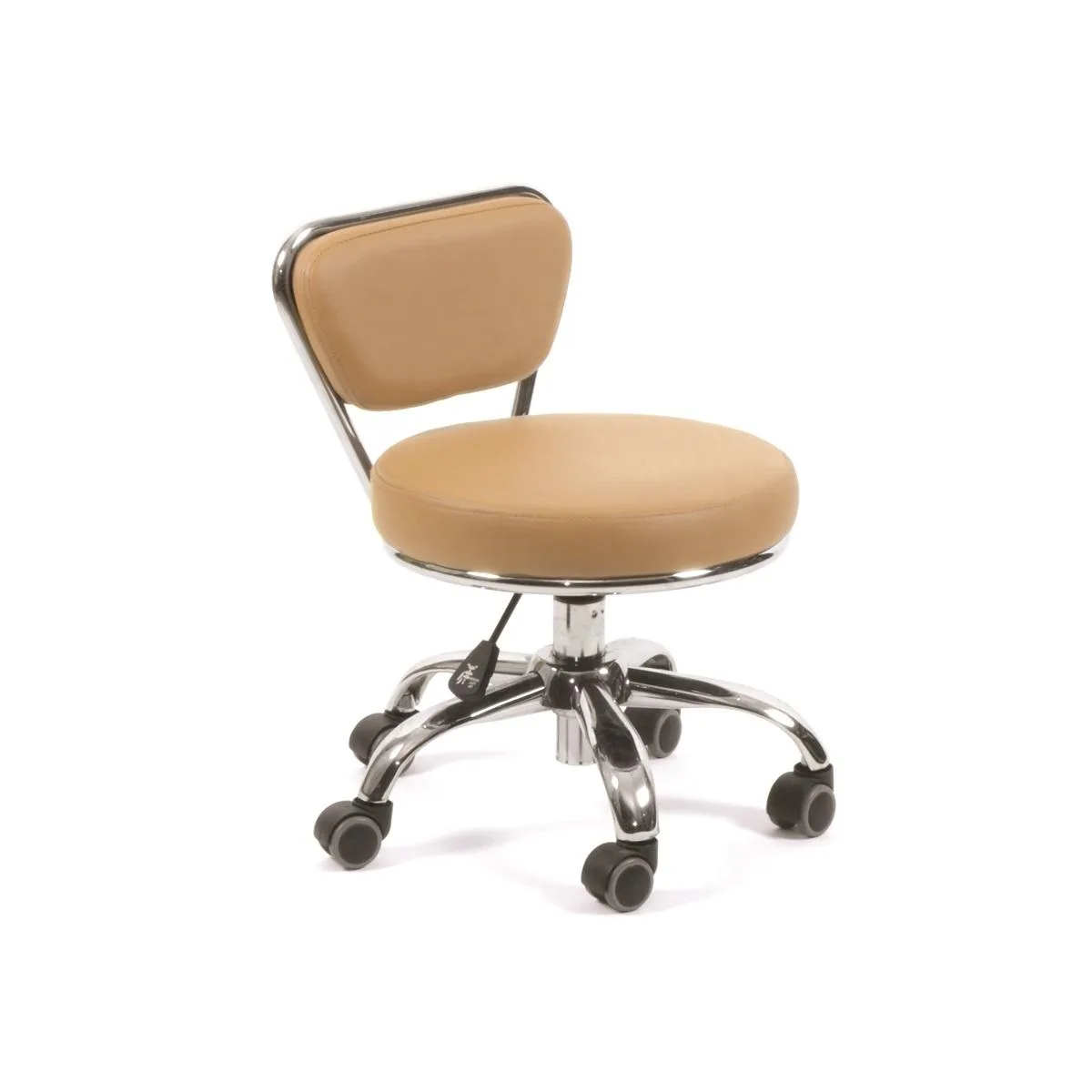 Chrome pneumatic pedicure stool with padded seat and backrest, five wheels, adjustable height 13 to 15 inches