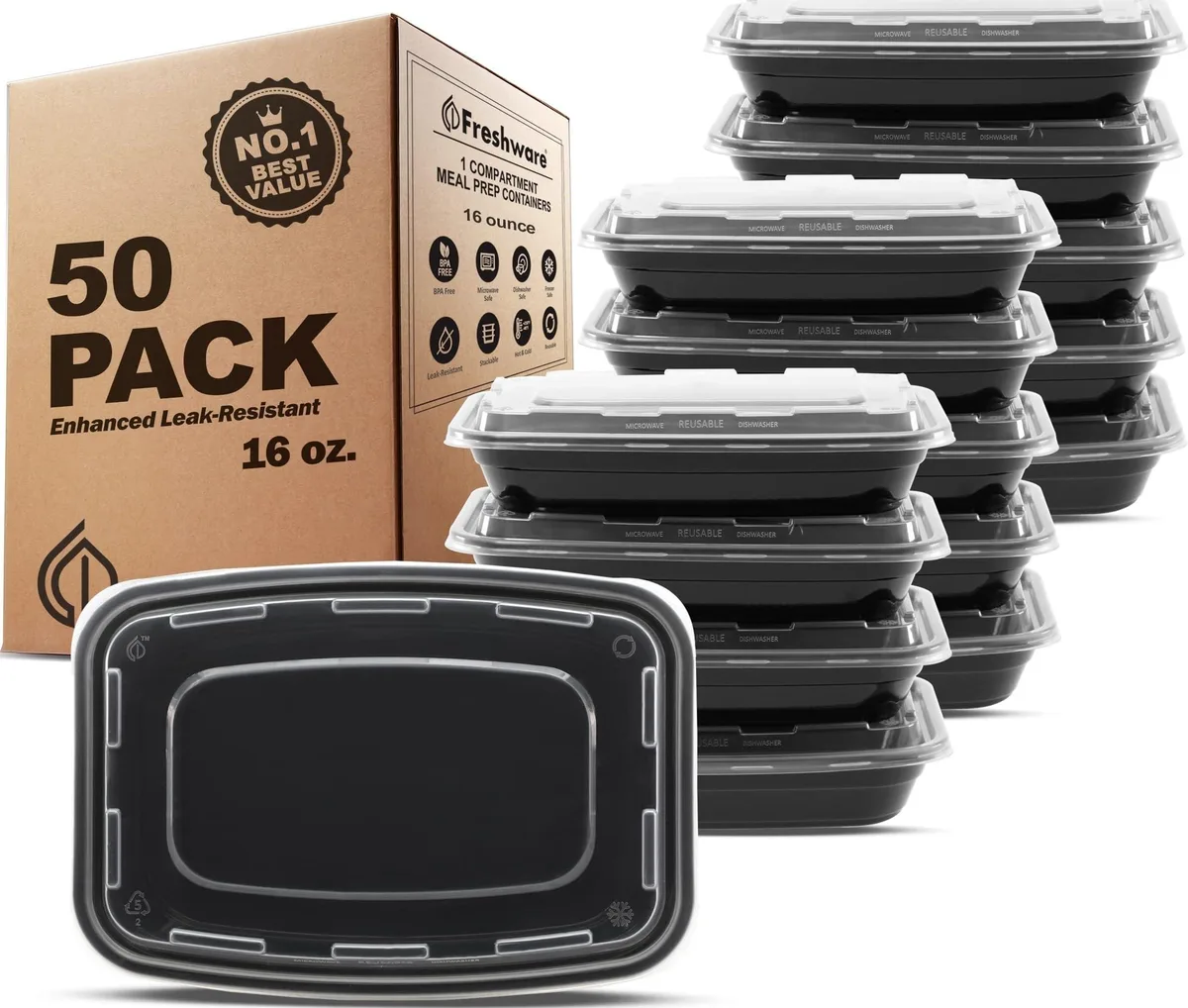 Fifty black 16 oz rectangular plastic containers with lids