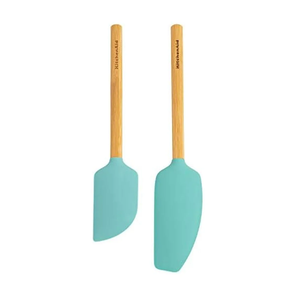 Two aqua bamboo spatulas, one mixer and one scraper, silicone heads, oval handles