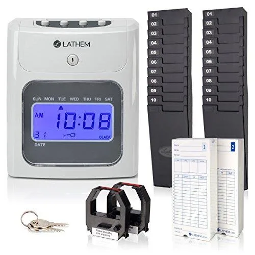 White rectangular electronic time clock kit with top feed slot and card racks