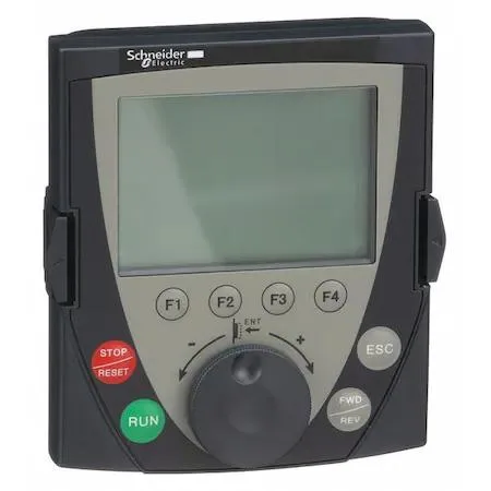Schneider Electric VW3A1101 LCD graphic keypad, IP54 rated rectangular unit with dark screen and membrane buttons
